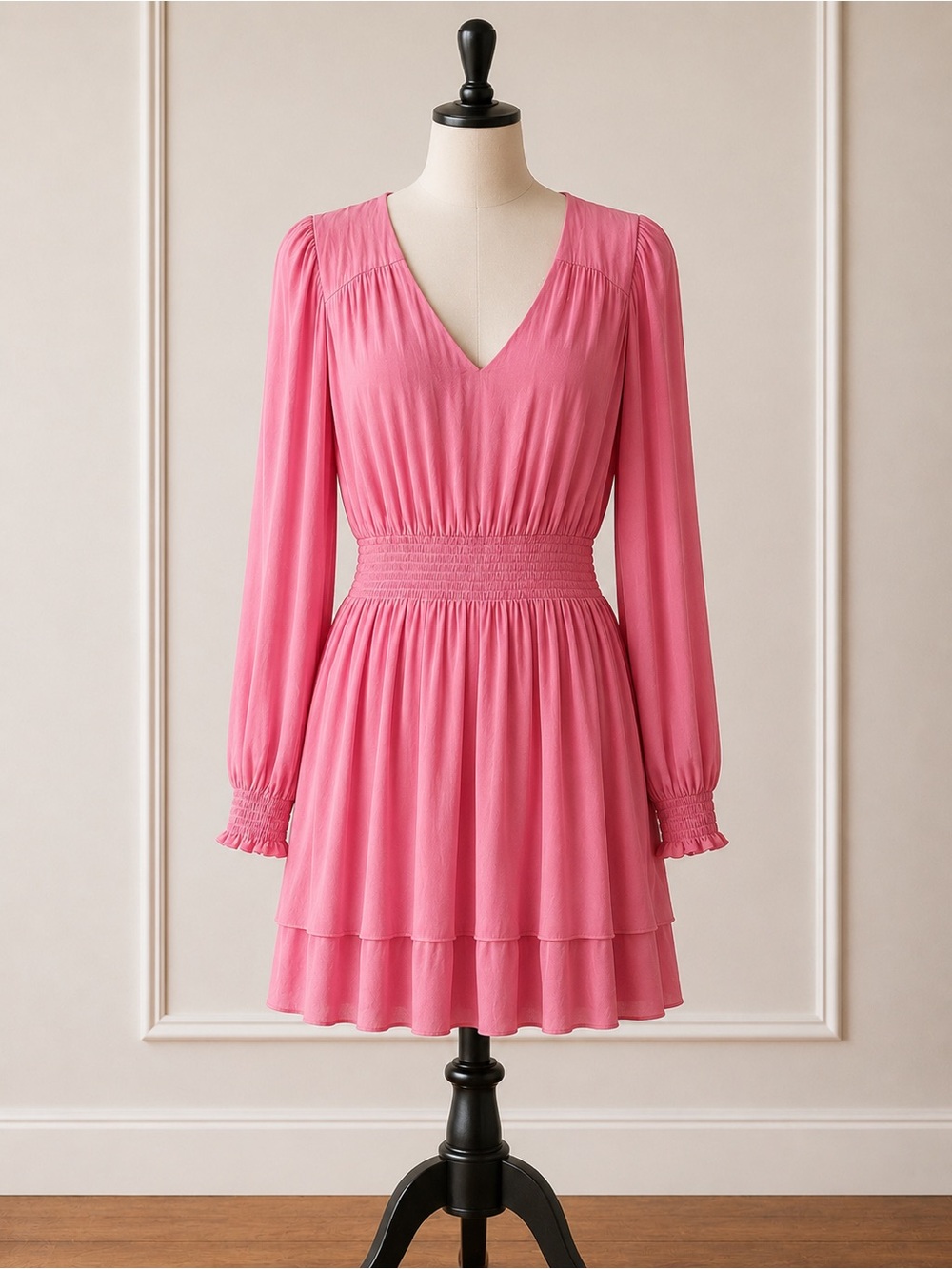 Evereve Pink V-Neck Long-Sleeve Smocked Waist Tiered Dress